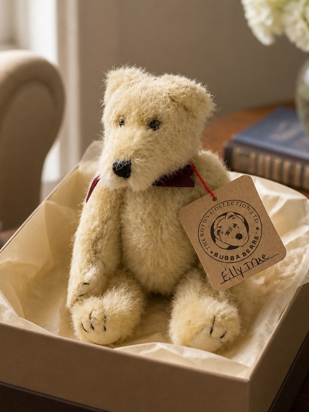 Boyds Bears Cream Mohair Teddy Bear with Red Ribbon
